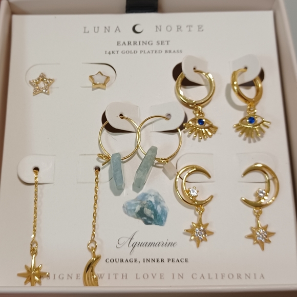5 PAIRS OF EARRINGS BY LUNA NORTE GOLD PLATED AQUAMARINE GEMSTONES BRAND NEW - Picture 8 of 11